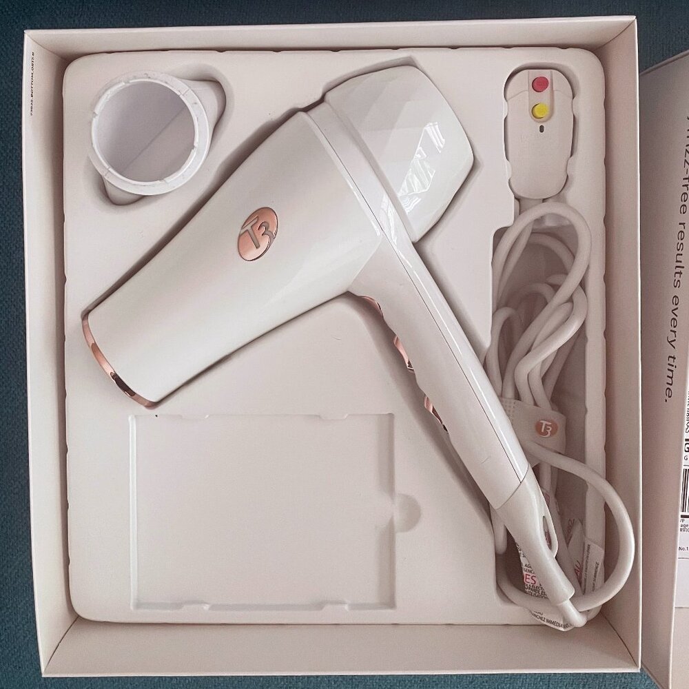 T3 White and Rose Gold Compact Hair Dryer with Concentrator